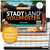 Denkriesen Stadt Land Vollpfosten - Urlaubs Edition, Partyspiel A4-Spielblock