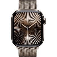 Apple Watch Series 10, Smartwatch Titan Natur, Titangehäuse, 42 mm, Milanaise Armband gold, Cellular